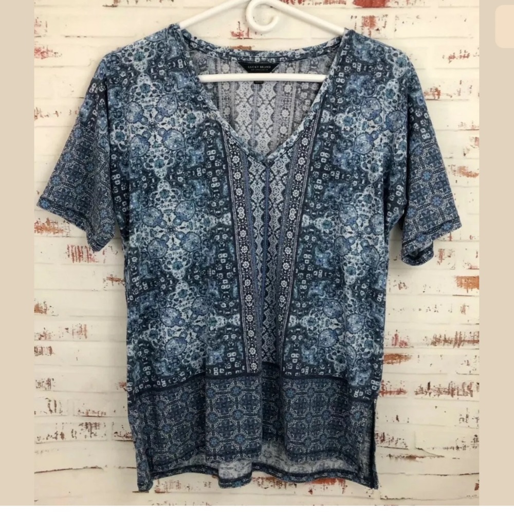 Lucky Brand Gloral T-Shirt Blue V-Neck